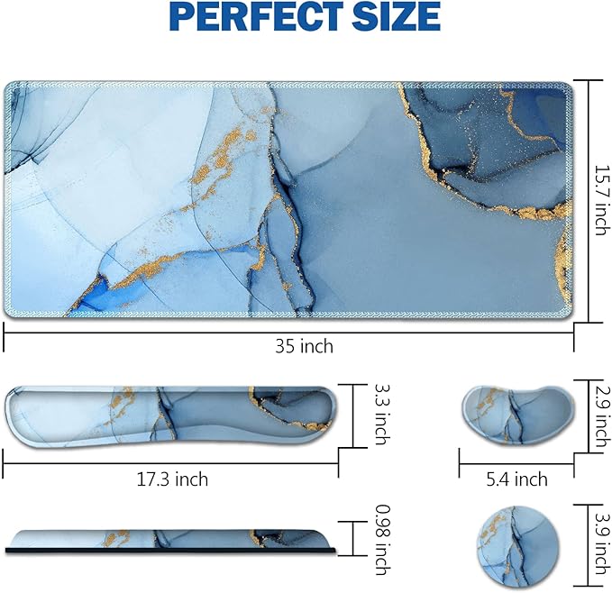 AIMSA Large Gaming Mouse Pad Set, Keyboard Wrist Rest Support Mouse Pad, Ergonomic Memory Foam Multifunctional Extended Desk Mat 35x15.7in Anti-Slip Rubber Base for Office Home, Blue Marble