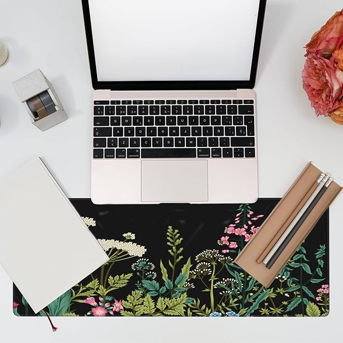 Large Gaming Mouse Pad for Desk,Wildflowers Night Desk Mat,Wild Floral Flower Desk Pad,Extended Big Computer Keyboard Mouse Pad with Non-Slip Base and Stitched Edge,31.5"x11.8"