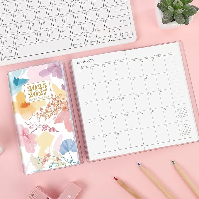 Pocket Calendar 2025-2027, Floral 2025-2027 Monthly Planner - 3.7" x 6.7" - Runs from September 2025 Until December 2027, 2026 Pocket Calendar with PVC Cover for Organizing & Planning