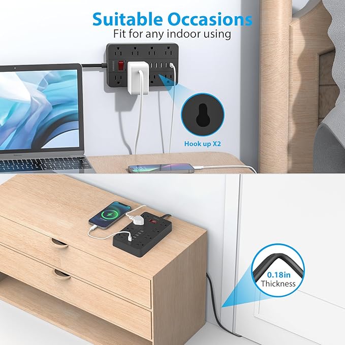 Power Strip with USB,SMNICE Surge Protector Flat Plug with 8 Widely-Spaced Outlets & 6 USB(1USB C) Ports, Wall Mountable 5ft Extension Cord for Smartphone Tablet Laptop Computer Multiple Devices