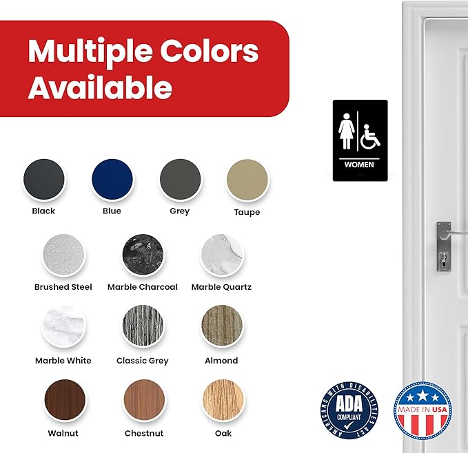 Promot Men and Women Handicap Restroom Sign – ADA Braille Bathroom Sign for Business, Self-Adhesive, 9" x 6", Commercial Door Signage, Office Wall Decor - Black