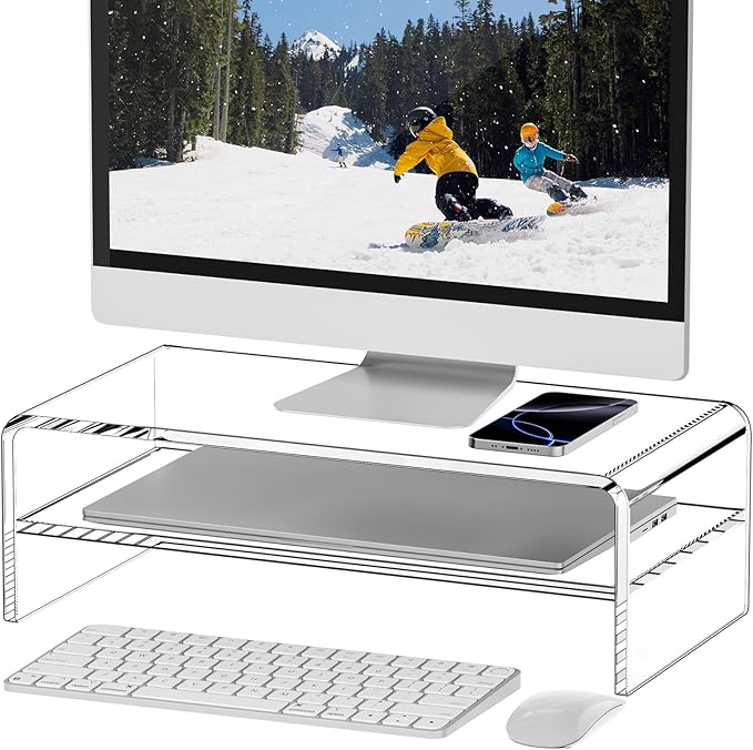 Clear Acrylic Monitor Stand Riser 2 Tier, 5.12 Inches High Clear Computer Desk Organizer Shelf for Multi Media PC Storage Laptop