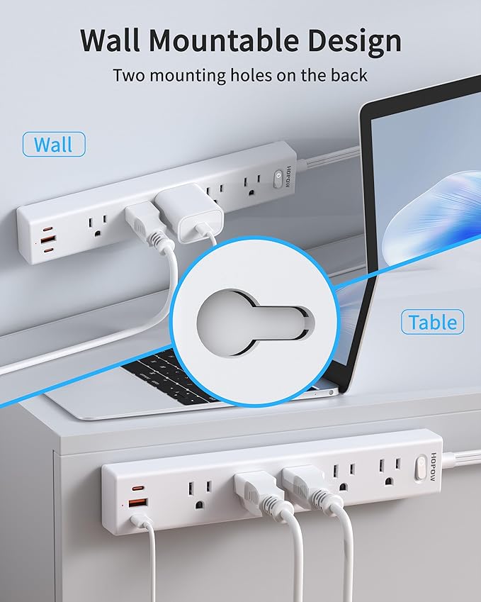 2 Pack Power Strip Surge Protector, 10 Ft Ultra Thin Flat Plug Extension Cord, Surge Protector with 5 Outlets & 3 USB Ports (2 USB C), 1700 Joules, 3-Prong, Wall Mount for Home Office Dorm, White