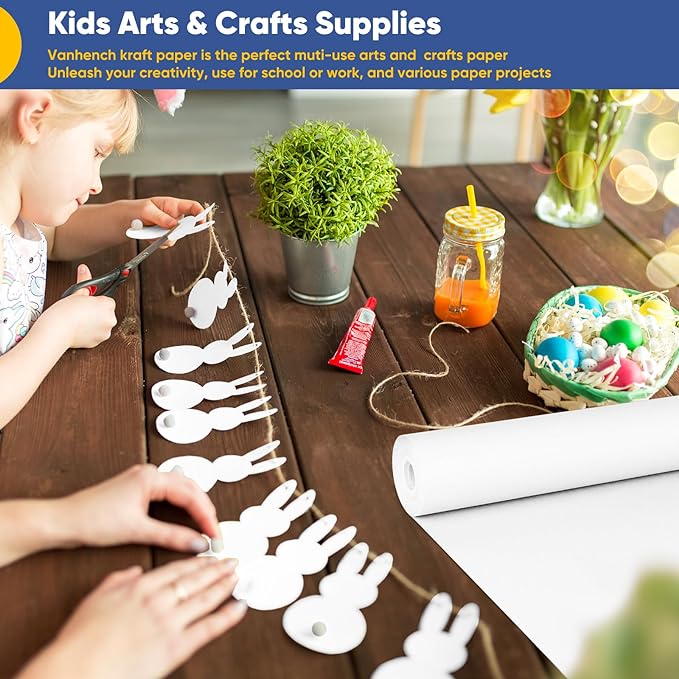 Vanhench White Wrapping Paper 17.5"x1200"(100'), White Easel Painting Drawing Paper Roll Kids Art Supplies, Chart Poster Bulletin Board, Floor Covering Arts Crafts Gift Wrap 80GSM 55LB