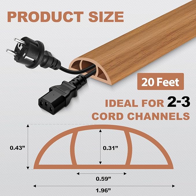 Floor Cord Cover for Wires on Floor Self Adhesive Cord Hider Floor Cable Management Wire Covers for Cords Protector Prevent Cable Trips Cord Cavity W 0.59" x H 0.31", Brown Wood, 20Ft
