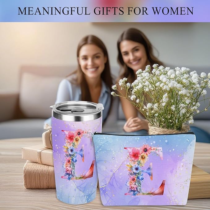 Personalized Gifts Monogrammed Birthday Gifts for Women, Daughter Bestie Friendship Christmas Initial 20 oz Tumbler, Makeup Bag Cup Ballpoint Pens Journal Notebook 6 Set, (Aesthetic Purple Flower E)