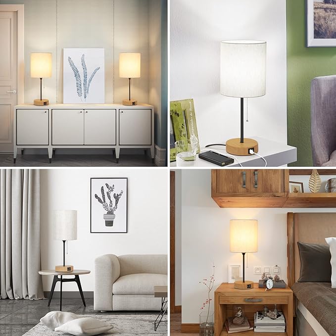 Table Lamps Set of 2 with USB Charging Ports, Bedside Lamps with AC Outlet, Nightstand Lamps with Pull Chain Switch, Minimalist Modern Desk Lamps with Flaxen Shade for Living Room Bedroom Office
