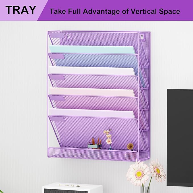 Wall File Organizer Holder Mesh Hanging Paper Document Holder, Vertical 6 Pocket Tier for Office Home, Light Purple