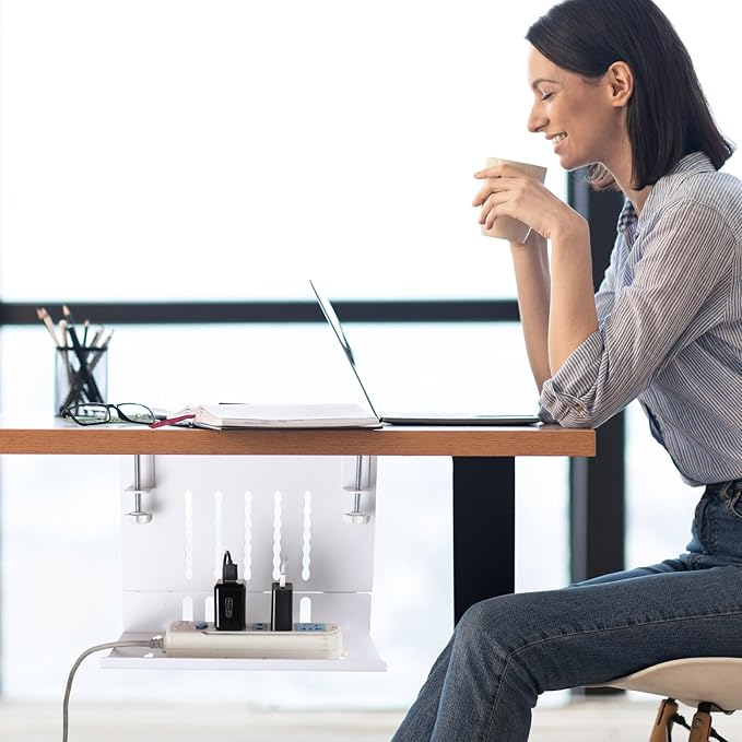 LUKETURE Desk Side Laptop Holder, Side Desk Laptop Holder with Cable Management Tray, 2 in 1 Steel Under Table Laptop Mount, Table Hanging Storage for Office and Home (White)