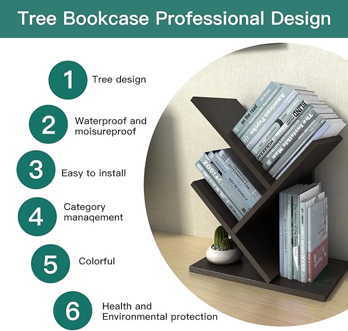 Godferyxin Tree Bookshelf, 3-Tier Wood Small Bookshelf and Mini Bookcase for Office, Home or School Desk Book Shelf for for Displaying Books, CDs, Magazines Wood Storage Rack