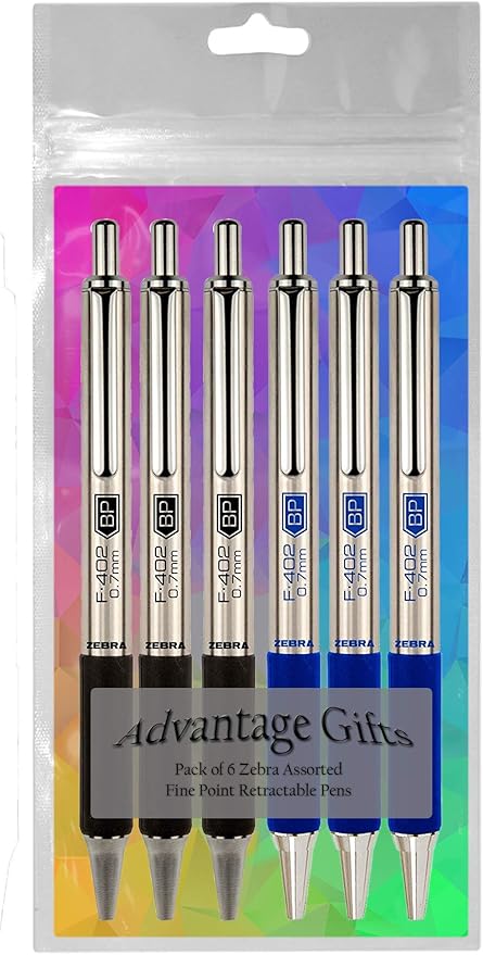 Zebra F-402 Ballpoint Stainless Steel Retractable Pen, Fine Point, 0.7mm, Black/Blue Ink, 6-Count Bundle with Plastic Reusable Pouch