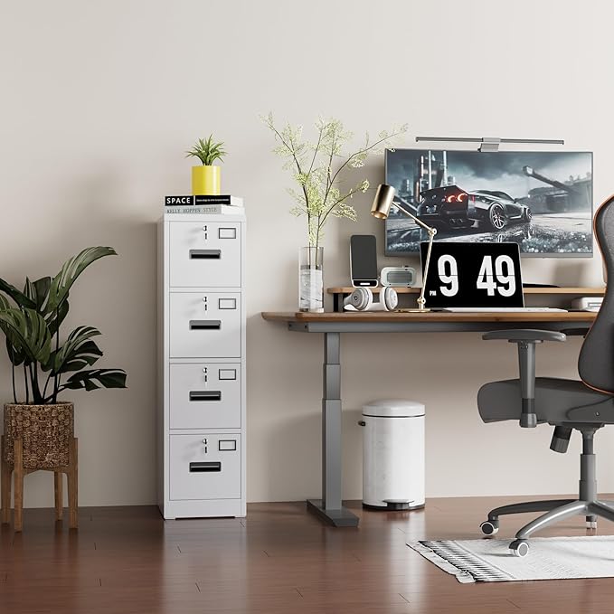 4 Drawer File Cabinet, Metal Vertical Office Filing Cabinet with 4 Drawers, Name Card Holder for A4 Letter/Legal Size, Assembly Required