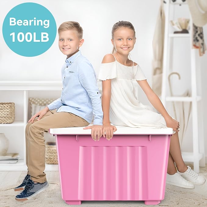 Nazhura Plastic Storage Bin, Stackable and Nestable Storage Boxes with White Lids and Secure Latching Buckles, Large Storage Container (Pink/White, 72Quart-4Pack)