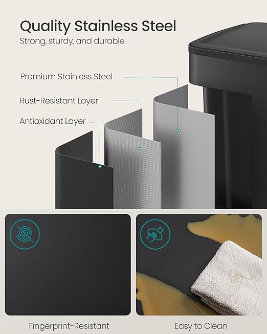 SONGMICS Trash Can, 2 x 8 Gallon (2 x 30 L) Dual-Compartment Garbage Can with Soft-Close Lid, Pedal and Inner Buckets, Stainless Steel, Includes 15 Liner Bags, Ink Black ULTB741B01