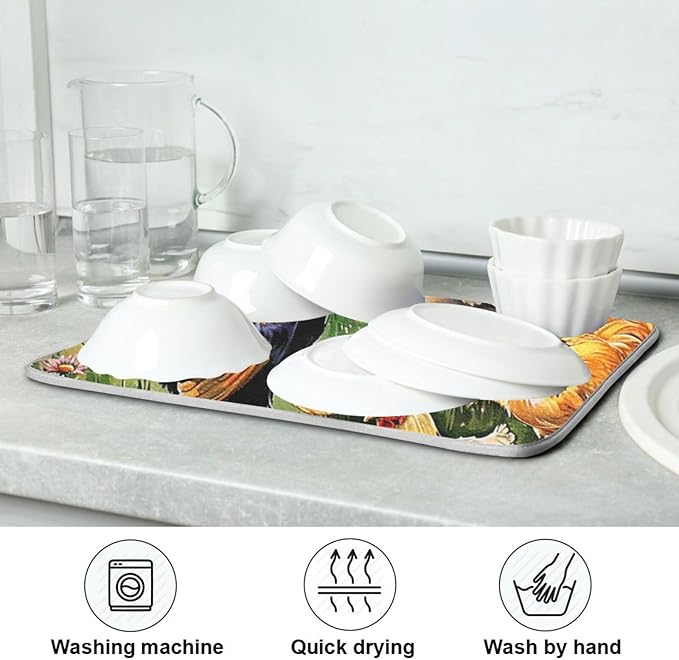 Rooster Flowers Dish Drying Mat 18 X 24 Inch Farm Cock Chick Floral Kitchen Rack Mats Dry Dishes Pads Tableware Mat Absorbent Microfiber Protector for Kitchen Countertops Counter Home Decor