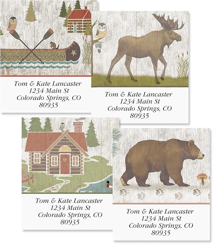 Woodland Lodge Square Address Labels (4 Designs) - Set of 144 1-1/8" x 2-1/4" Self-Adhesive, Flat-Sheet Label