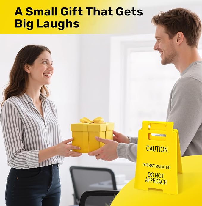 Caution Overstimulated Desk Sign, Funny Office Desk Decor for Work, Gag Sarcastic Gifts for Coworkers Teammates Employees Boss Women, Over Stimulated Do Not Approach Mini Caution Signs, Cubicle Decor Accessories, Funny Office Decorations