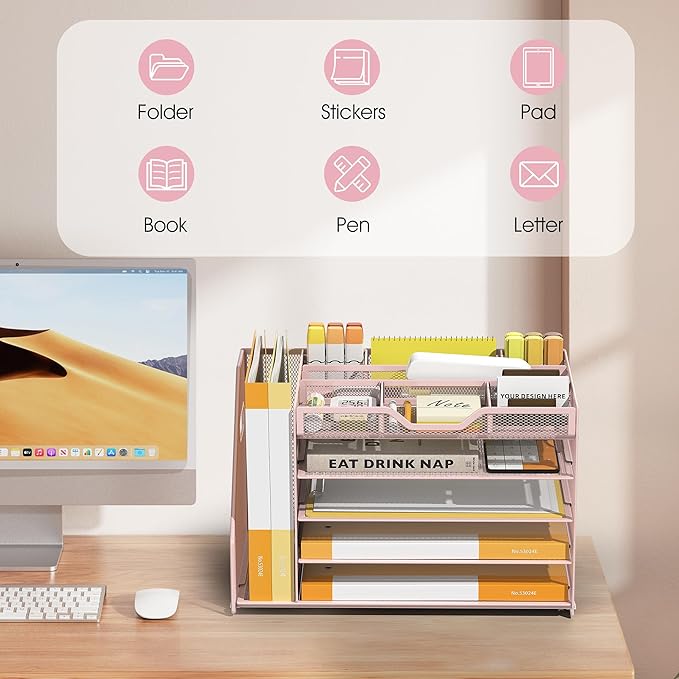 5 Tier Paper Letter Tray with File Holder and 3 Drop-in Pen Holders, Mesh Desk File Organizer with Handle, Desk Organizers and Accessories for School,Home, Office Supplies Storage-Pink