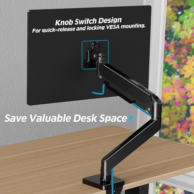 MOUNTUP Single Monitor Mount with USB Fits 42 40 35 32 27 24 Heavy Duty Widescreen, Gas Spring Monitors Stand for Desk, Holds 4.4-33 lbs Screen, Ultrawide Monitor Arm, VESA Mount Clamp/Grommet Base