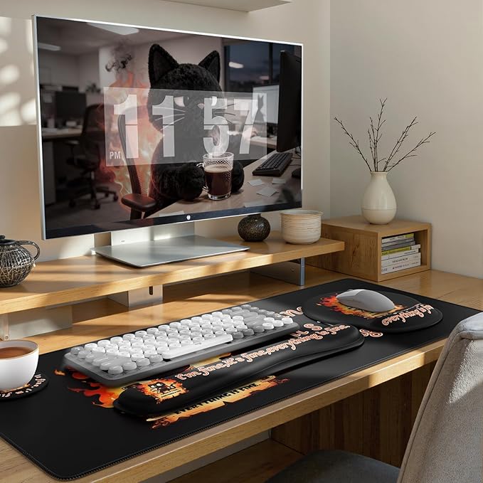 iCasso Black Desk Mat Set,Ergonomic Wrist Pad for Mouse,Funny Cat Dumpster Fire Desk Accessories, Anime Computer Mat, Non-Slip Large Desktop Cover Protector for Office Home Dorm