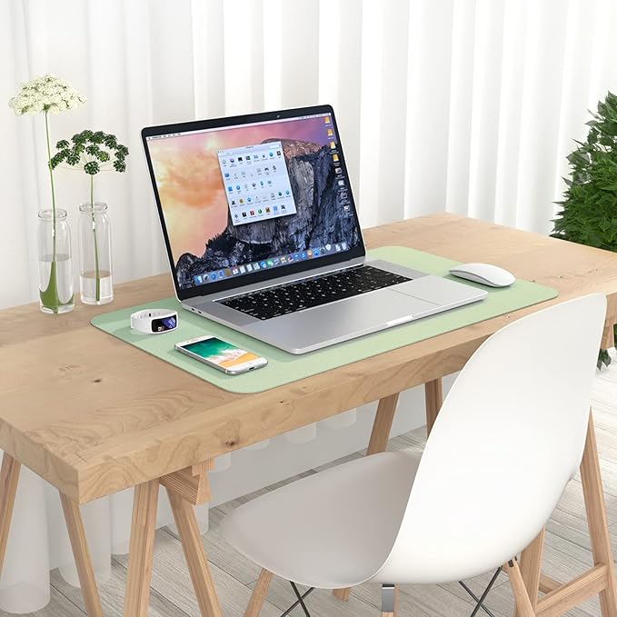 Hsurbtra Desk Pad, 23.6" x 13.8" PU Leather Desk Mat, M Extended Mouse Pad, Waterproof Desktop Blotter Protector, Non-Slip Ultra Thin Small Laptop Keyboard Writing Mat for Office Home, Lake Green