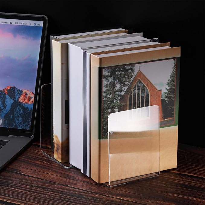 Yulejo 8 Pcs Clear Acrylic Bookends Heavy Duty Book End L Shaped Dividers Book Stopper for Shelves Office Library Home Movies Cds File