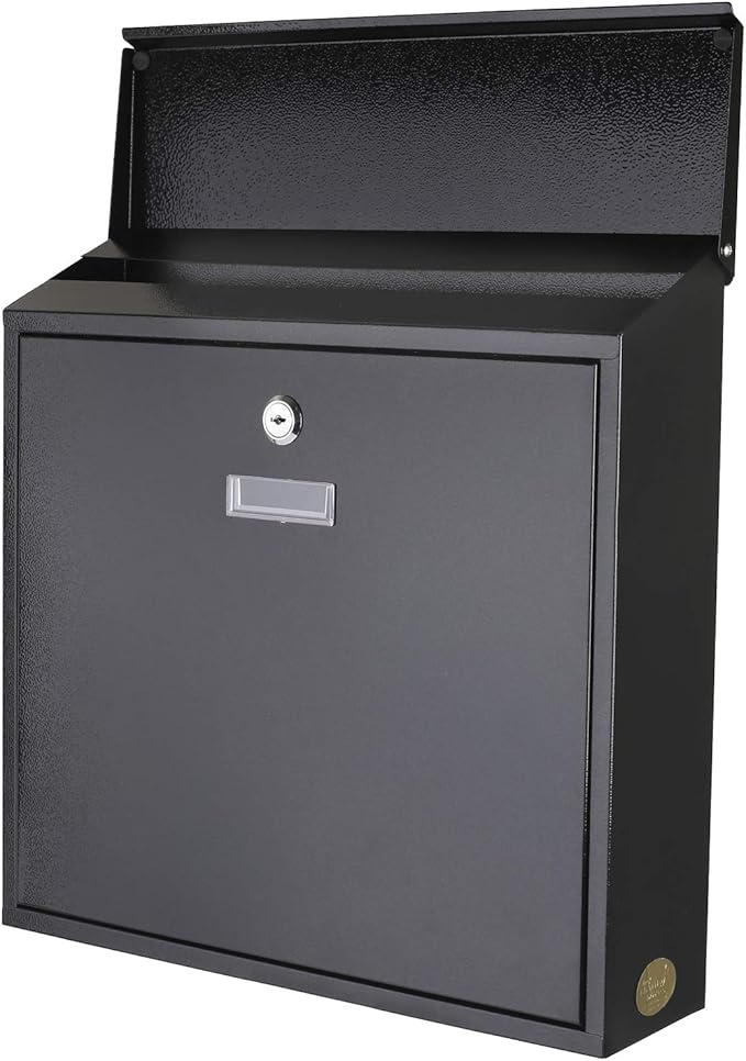 Metal Mailbox Steel office comment Suggestion ballot Box Secure Box With top special Wide Slot for envelopes Wall Mount with pre drilled holes Drop Box for Home and Office 14.3H x 14.6W x 3.75D(Black)