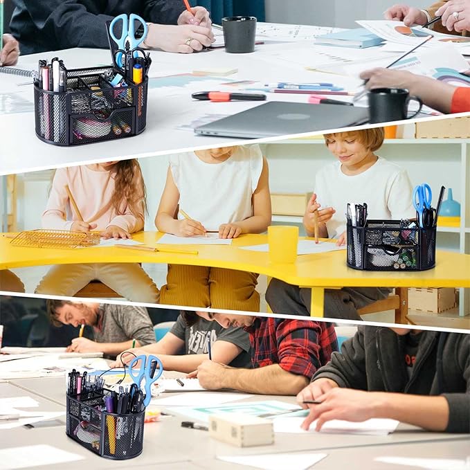 Black Mesh Pen Holder Desk Organizer Cute Office Supplies Pencil and Marker Organizers Oval Desk Caddy with 8 Compartments and 1 Drawer Workspace Accessories for Office School Home