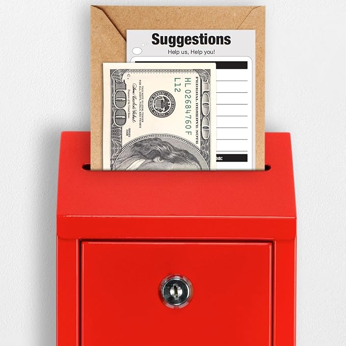 Metal Donation Box with Lock, Wall Mounted, Suggestion Box with 4 Iron Keys, Red, Cash Drop Box with Slot, 1-Pack