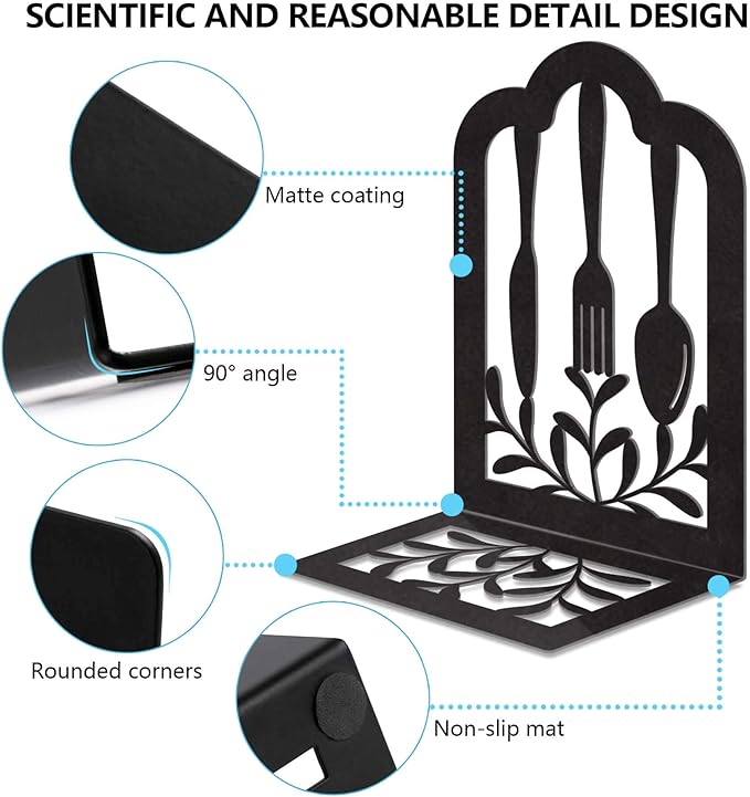 Book Ends,Metal Bookend,Bookend Decorative Heavy Book Ends for Shelves, Home Decorative Bookends for Heavy Books,Non-Skid Black Book Holder for Kitchen Housewarming Cooking Lover Gifts