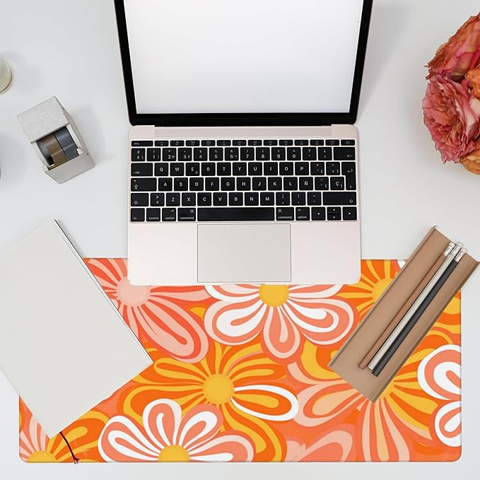 Desk Pad,Hippie Vintage Orange Flowers Desk Mat,Retro Floral Large Gaming Mouse Pad for Desk,Extended Big Computer Keyboard Mouse Pad with Non-Slip Base and Stitched Edge,35.4"x15.7"