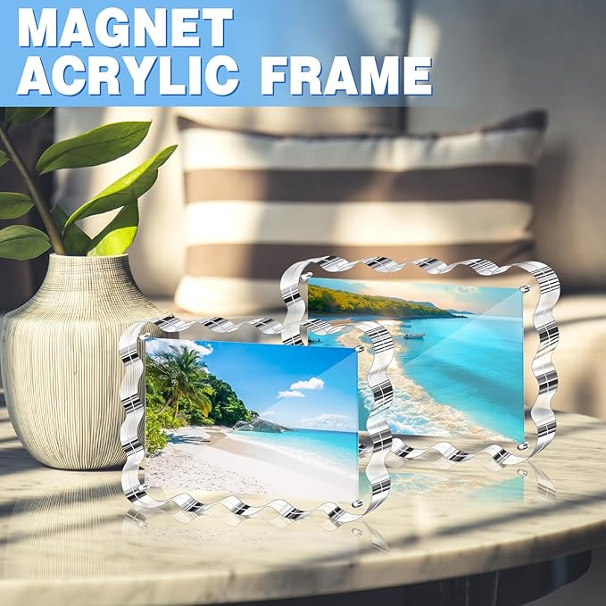 Aheroi Acrylic Picture Frames, 3 Pack 4x6 Clear Scalloped Photo Frame Freestanding Magnetic Double Sided Picture Frames, Transparent Thickened Frameless Acrylic Sign Holder, No Instal