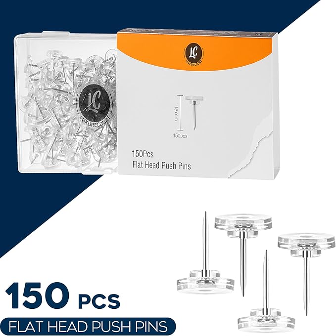 150 Pack Clear Push Pins Tacks by Luxurecourt, Flat Head Thumbtacks for Bulletin Board, Wall Hanging, Cork Board, Shadow Box, Heavy Duty Plastic Head with Steel Point in Reusable Storage Box.