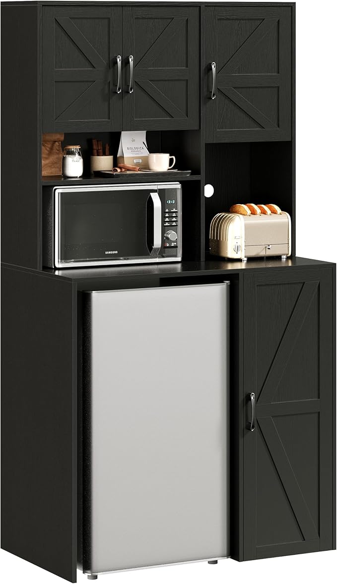 Mini Fridge Cabinet with Storage, Coffee Bar Cabinet with Mini Fridge Space and Outlet, Wine Bar Stand with Microwave Shelf, Beverage Station for Kitchen, Dorm, Office Black KH02MRB