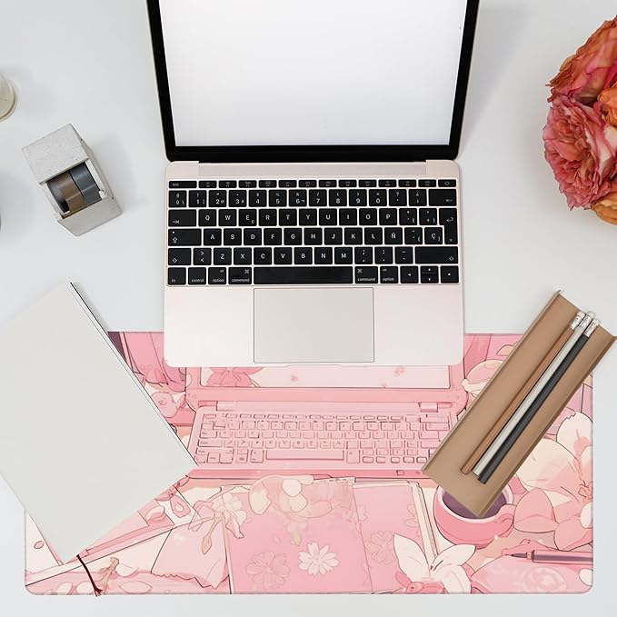 Large Gaming Mouse Pad for Desk,Pink Kawaii Anime Girl Desk Desk Mat,Kawaii Anime Desktop Desk Pad,Extended Big Computer Keyboard Mouse Pad with Non-Slip Base and Stitched Edge,35.4"x15.7"