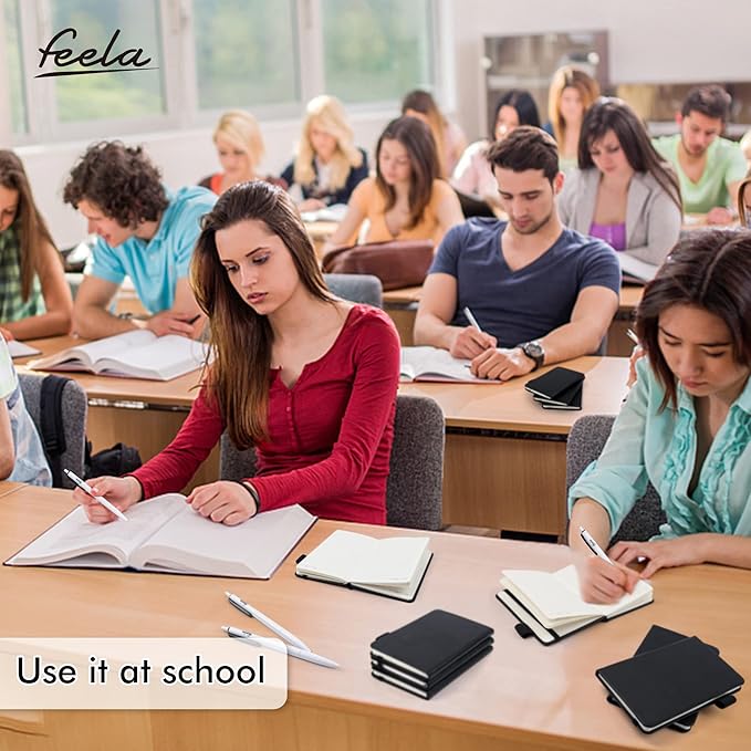 feela 6 Pack Pocket Mini Notebooks Bulk, Small Cute Memo Notepads Hardcover College Ruled Lined Journals with Pen Holder for School Business Work, with 6 Black Pens, 3.5”x 5.5”, A6, Black
