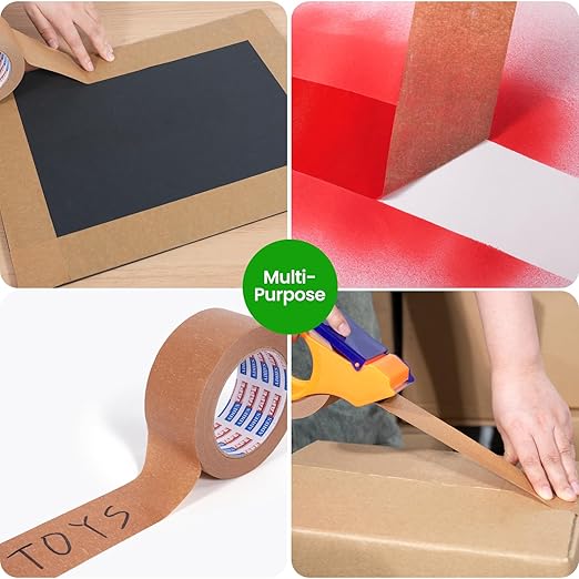 ADHES Kraft Paper Tape, 2 Inch x 60 Yards x 6 Rolls, Biodegradable Paper Packing Tape Writable & Uncoated Brown Shipping Tape for Shipping, Moving, Sealing