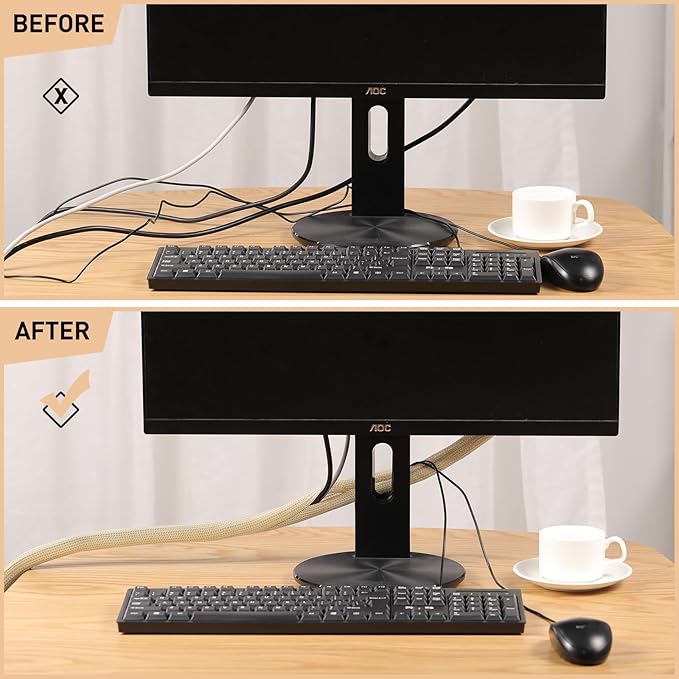 AGPTEK Cable Sleeve Cover, 10ft - 1.5 inch Desk Cord Organizer Cable Hider, Home Office Wire Management Computer TV Wire Loom Tubing, Pet Proof Cord Protector, from Cat Dog Chewing, Wood Color