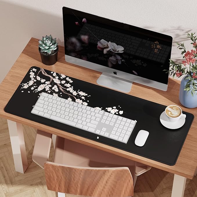 ETZ Japanese Plum Blossoms Black Mouse Pad (31.5 × 11.8 × 0.12 inch) Extended Large Mouse Mat Desk Pad, Stitched Edges Mousepad,Non-Slip Rubber Base,Gaming Mouse Pad XL.
