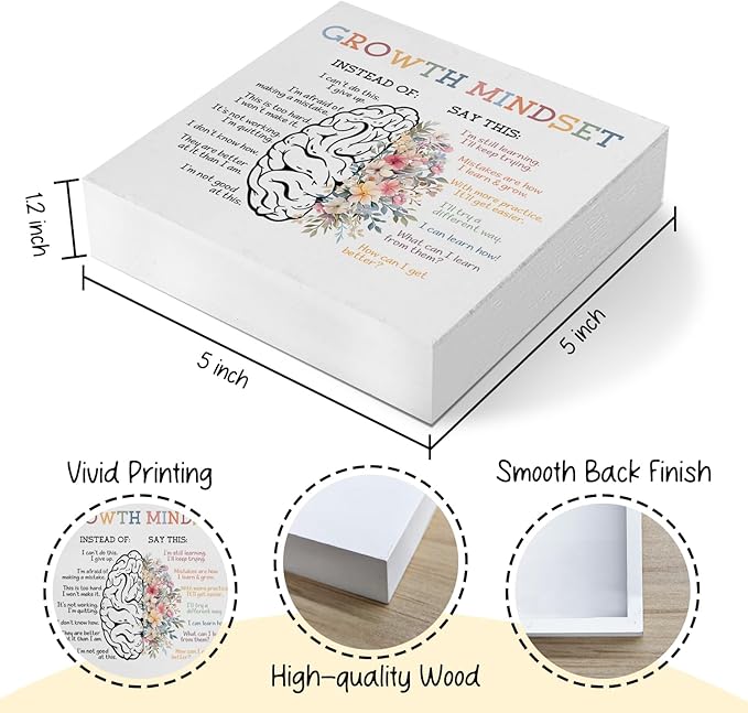 Mental Health Gifts Office Decor, Growth Mindset Therapist Office Motivational Desk Sign, Counseling Office Must Haves, Positive Affirmations Decorative Accessories Inspirational Tabletop Decor, psychologist gifts, 5x5 Inch