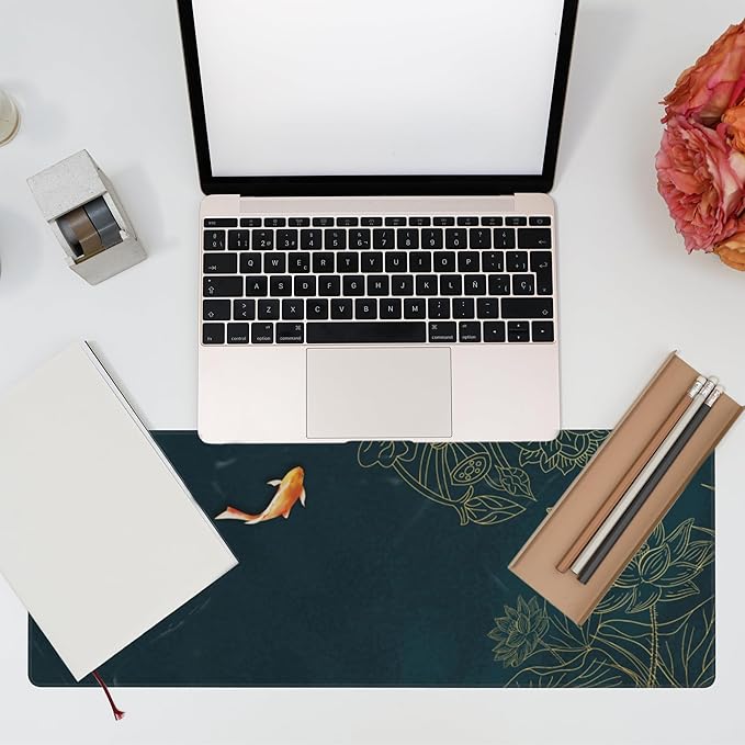 Large Gaming Mouse Pad, Koi Fish Ink Painting Desk Mat, Golden Line Lotus Desk Pad, Extended Big Computer Keyboard Mouse Pad with Non-Slip Base and Stitched Edge, 31.5"x11.8"