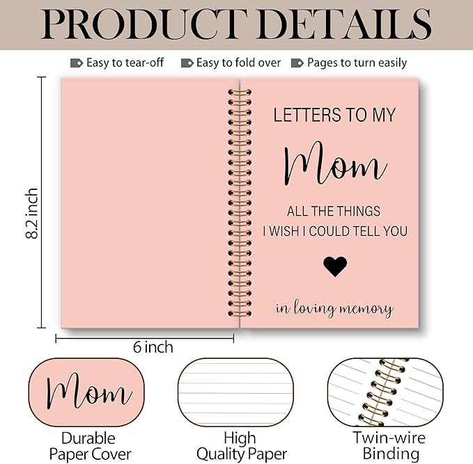 Memorial Gifts for Loss of Mom Grief Notebook Journal, Letters to My Mom in Heaven Journal, Sympathy Notebooks Gifts for Loss of Mom Women, In Loving Memory Sympathy Gifts, 6x8.2In(Pink)