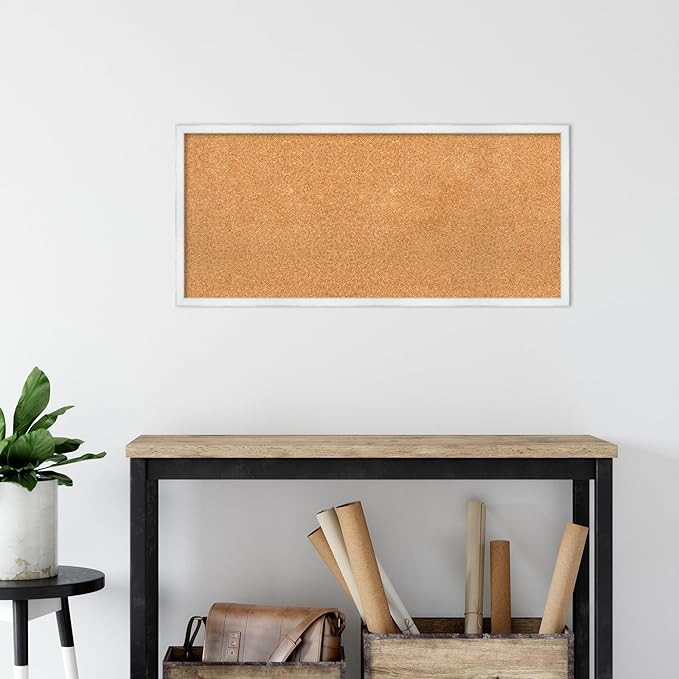 Amanti Art Natural Cork Board for Wall, 17x37 Vision Board with White Frame, Medium Corkboard Office Decor for Home Organization, Country Rustic Corkboard Pinboard to Display Items for Home