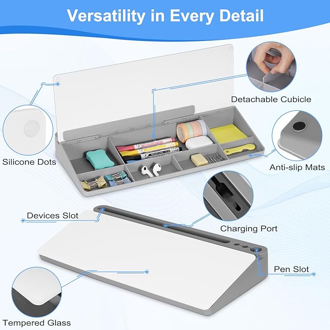 Desktop Glass Whiteboard with Storage, Grey Desk Dry Erase White Board with Computer Keyboard Stand, Desk Organizers and Accessories with Removable Cubicles for Office, Home, College, School