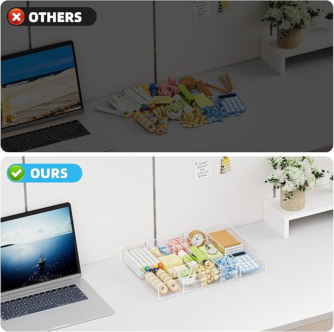 Marbrasse Acrylic Expandable Drawer Organizer, Clear Desk Drawer Organizer Tray with 5 Dividers, Desk Organizers and Accessories, 10 Adjustable Compartments for Office Supplies, Makeup & Vanity