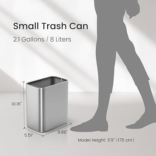Cesun Small Bathroom Trash Can 2.1 Gallon Wastebasket, Modern Metal Garbage Can Office Waste Basket, Silver Stainless Steel Trash Bin for Bedroom, Home Office, Toilet, rv, Near Desk, Under Sink.