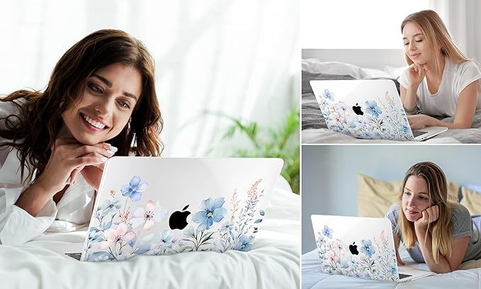 DONGKE Compatible with M4 MacBook Air 15 inch Case 2025 2024 2023 A3241 A3114 A2941 M3 M2 Liquid Retina Display Touch ID, Plastic Hard Case & Keyboard Skin & Screen Protector - Blue Flowers