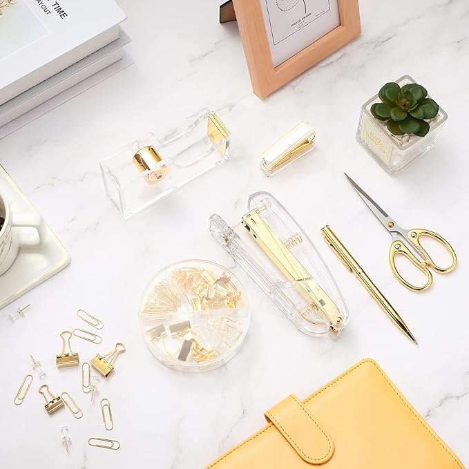 Office Supplies Set Desk Accessory Kit, Acrylic Stapler Set Staple Remover, Tape Dispenser, Binder Clips, Paper Clips, Ballpoint Pen and Scissor with 1000 Pieces 26/6 Staples (Gold)