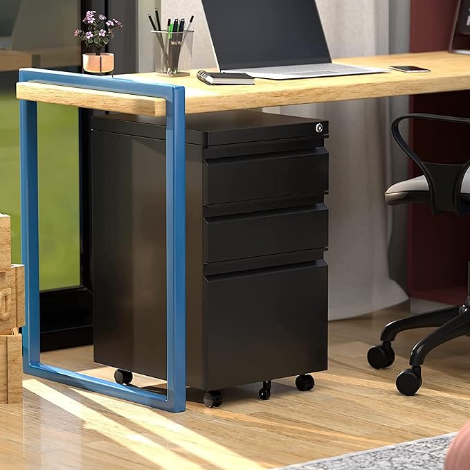 Aobabo 3 Drawer File Cabinet with Lock,Metal Filing Cabinet with Wheels for Home Office & Business Enterprise, Legal/Letter Size, Fully Assembled Except Wheels, Black