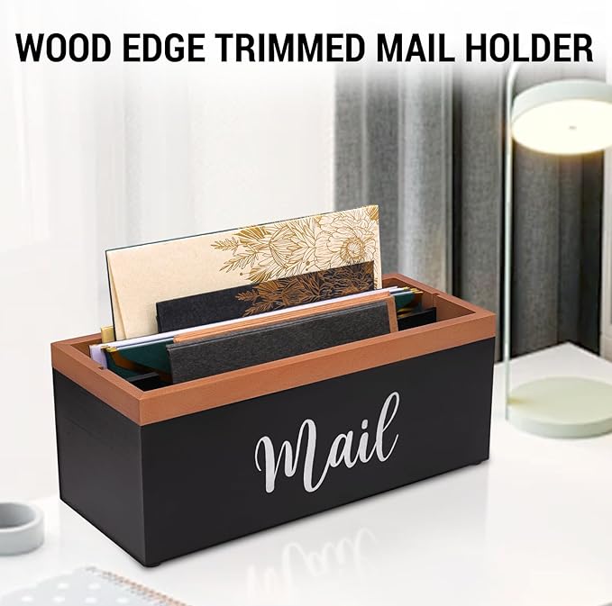 100% Real Wood Mail Organizer for Countertop, Dual-Sided Mail Script Design, Mail Holder for Office, Desk, Entryway Table, Rustic Farmhouse Style, Great Home Decor Gifts